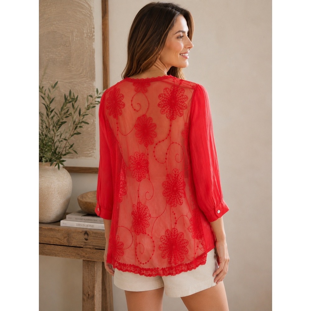 PinkBlush Maternity Coral Floral Embroidered Mesh Back Lace Trim Pintuck Blouse